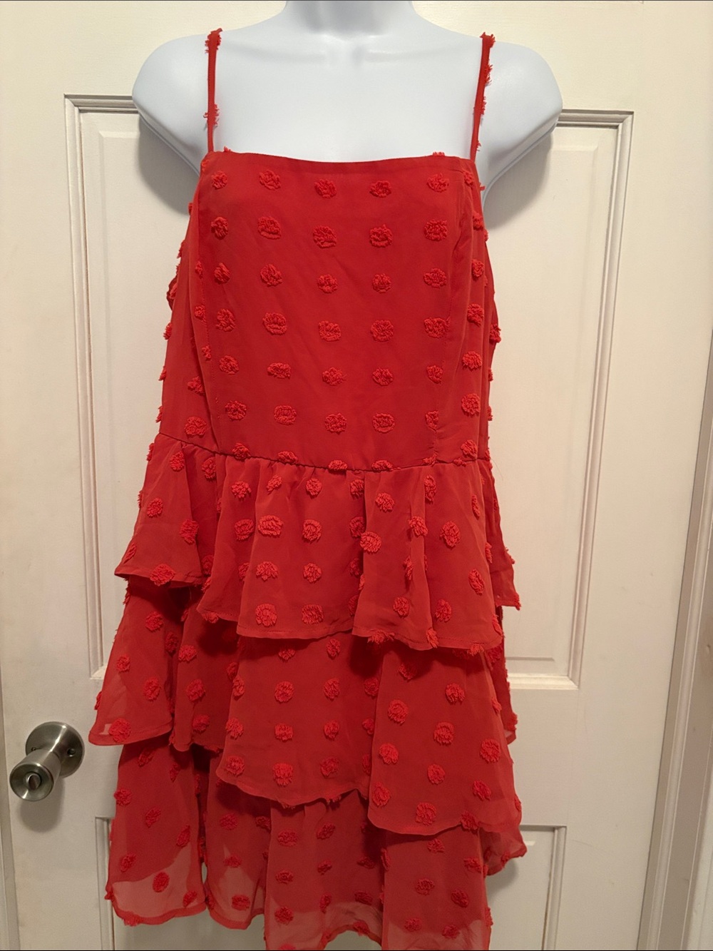 Red Tiered Spaghetti-Strap Midi Dress with Rosette Texture size XL